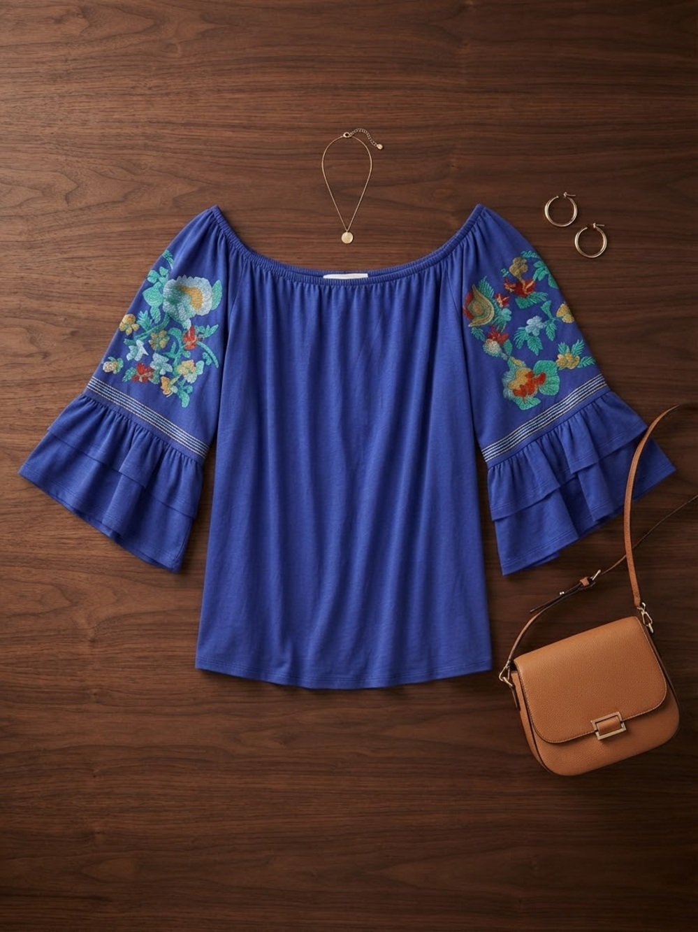 Altar'd State Royal Blue Embroidered Off-Shoulder Bell Sleeve Top